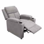Grijze relaxfauteuil met bekerhouders, verstelbare rugleuning en voetensteun voor extra comfort.