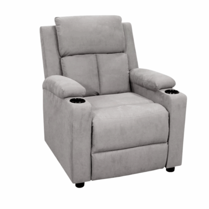 Grijze relaxfauteuil met bekerhouders, verstelbare rugleuning en voetensteun voor extra comfort.