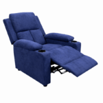 Blauwe relaxfauteuil met bekerhouders, verstelbare rugleuning en voetensteun voor extra comfort.