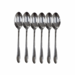 Set van 6 roestvrijstalen theelepels met glanzende zilveren afwerking op witte achtergrond