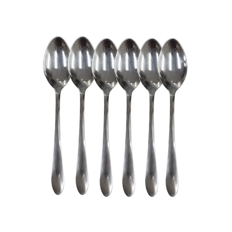 85992a (1) Set van 6 roestvrijstalen theelepels met glanzende zilveren afwerking op witte achtergrond