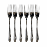 Set van 6 roestvrijstalen tafelvorken met glanzende zilveren afwerking op witte achtergrond
