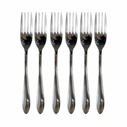 Set van 6 roestvrijstalen tafelvorken met glanzende zilveren afwerking op witte achtergrond
