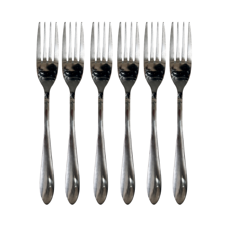 85993 Set van 6 roestvrijstalen tafelvorken met glanzende zilveren afwerking op witte achtergrond