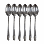 Set van 6 roestvrijstalen eetlepels met glanzende zilveren afwerking op witte achtergrond