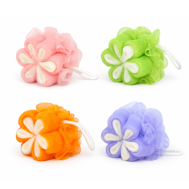 89156 (1) Bloemvormige badspons in roze, groen, oranje en paars met zachte mesh structuur voor douche en bad