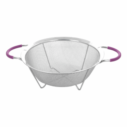 RVS vergiet met fijn gaas, handvatten en pootjes – diameter 23 cm