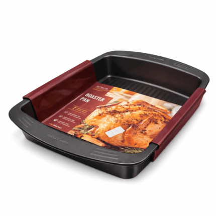 Baker’s Secret braadslede met geribbelde bodem en rode handgrepen op witte achtergrond