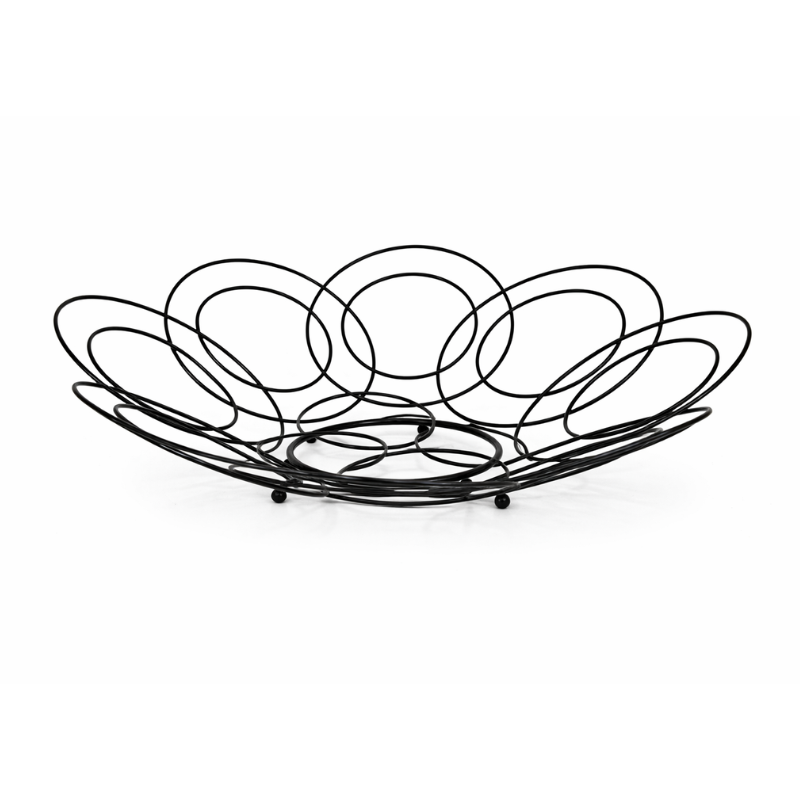 EY593 Zwarte metalen fruitschaal met open cirkel design op witte achtergrond
