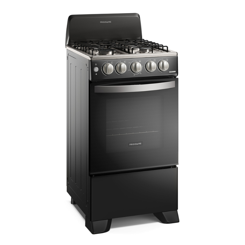 FKGN20C3MYB (2) Frigidaire zwart gasfornuis 4 branders 20 inch met oven en draaiknoppen