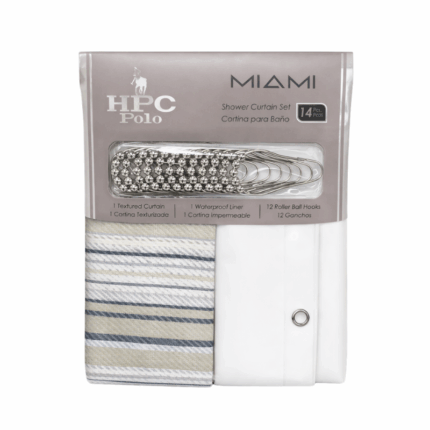 HPC Polo Miami beige strepen douchegordijn set met liner en haken