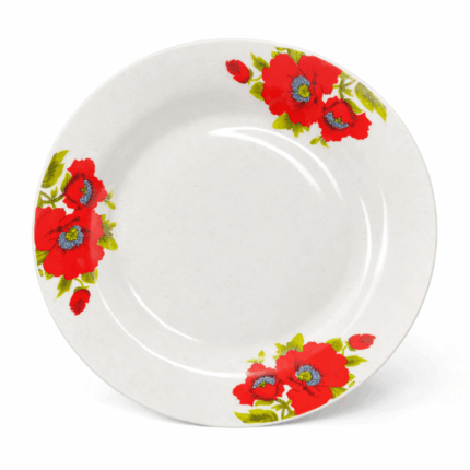 Keramisch wit dinerbord van 10 inch met rode klaproos bloemenprint aan de rand
