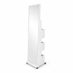 Witte staande passpiegel met opbergruimte en wielen, modern smal design van 170x38 cm