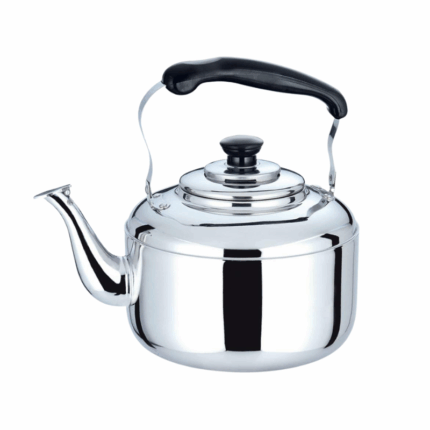 Roestvrijstalen waterketel 2 liter met zwarte handgreep en schenktuit voor gebruik op het fornuis.