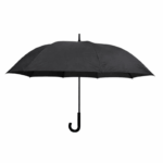 zwarte stokparaplu met gebogen handgreep en grote regenparaplu canopy