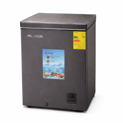 Milexus diepvrieskist 5 Cu.Ft. met open deksel, 119 liter inhoud en opbergmand in donkergrijze uitvoering.