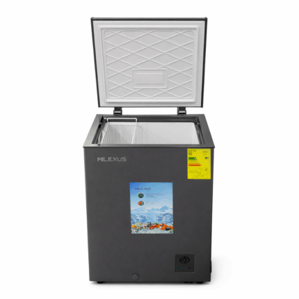 Milexus diepvrieskist 5 Cu.Ft. met open deksel, 119 liter inhoud en opbergmand in donkergrijze uitvoering.