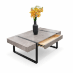 Salontafel met uitschuifbare lade en betonlook tafelblad met zwart metalen frame