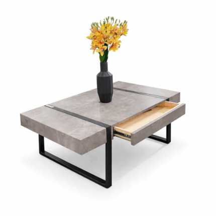 Salontafel met uitschuifbare lade en betonlook tafelblad met zwart metalen frame