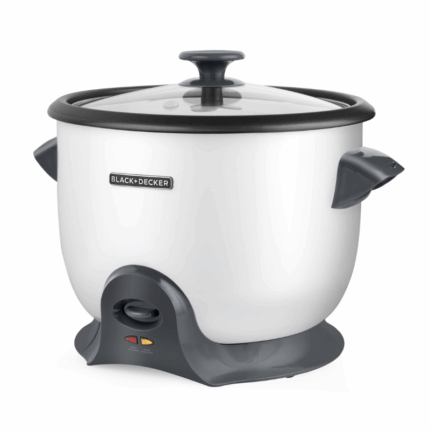 Black & Decker rijstkoker met stoomtray 14 kopjes wit met glazen deksel en anti-aanbak binnenpan