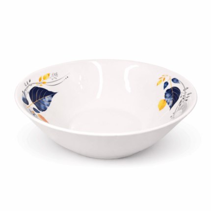 Lotus porseleinen kom 8 inch wit met blauw en gele bladprint binnenzijde