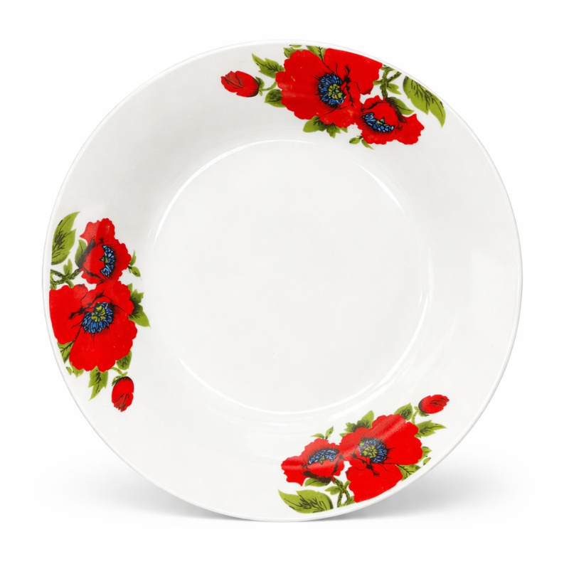 YS9002 Homestar keramisch diepbord van 9 inch met rode klaproosprint op witte achtergrond