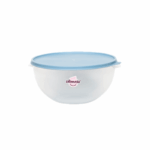 Plasvale opbergcontainer 250 ml ronde kunststof bewaarbak met blauw deksel voor voedselopslag en keukengebruik