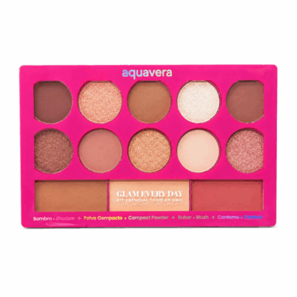 Aquavera Glam Everyday Eyeshadow Palette met matte shimmer oogschaduw blush contour en compact powder op witte achtergrond