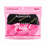 Aquavera Make-up Puff Set met 6 roze en zwarte zachte powder puffs voor poeder en baking in verpakking