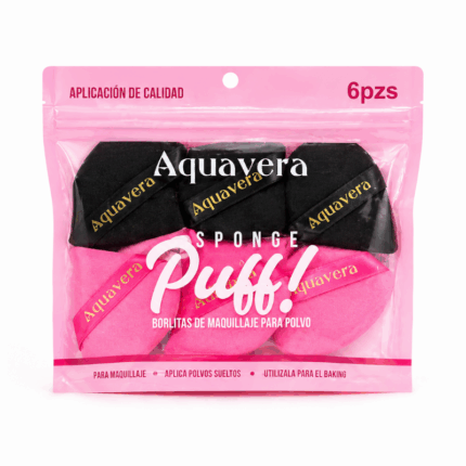 Aquavera Make-up Puff Set met 6 roze en zwarte zachte powder puffs voor poeder en baking in verpakking