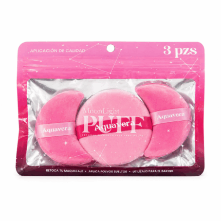 Aquavera MoonLight Powder Puff Set met 3 roze make-up poederdonsjes in verpakking voor losse poeder en baking techniek