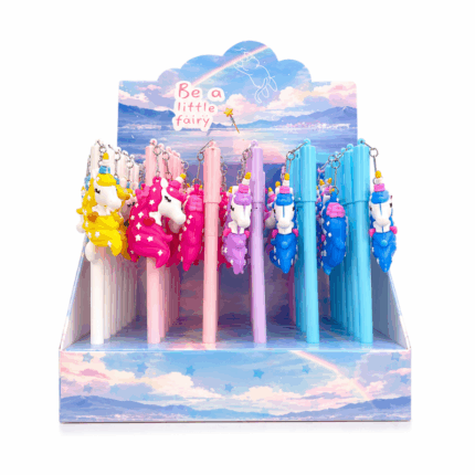 Gel pen met unicorn hanger in roze, blauw, paars en geel assorti kleuren