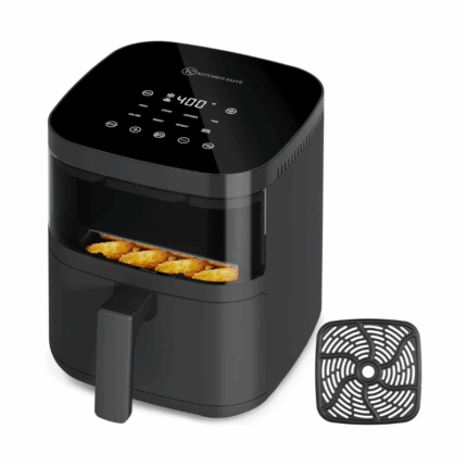 Air fryer oven met kijkvenster en digitale bediening voor pizza en snacks