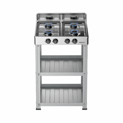 Sokany kooktoestel grijs met 4 gasbranders en metalen opbergrek met twee planken