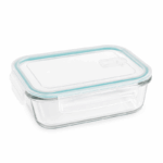 Rechthoekige glazen voedselcontainer van 1040 ml met transparant deksel en clipsluiting op witte achtergrond.