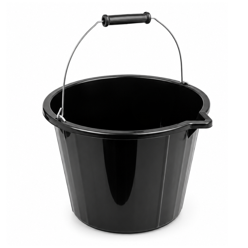 1315263 Stevige bouwemmer van 15 liter met metalen handvat. Ideaal voor water, cement, schoonmaakwerk en diverse bouw- of huishoudelijke taken.
