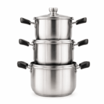 Noble Stainless Steel 3-delige RVS soeppotten set met deksels in maten 16 cm, 18 cm en 20 cm op witte achtergrond.