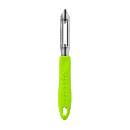 RVS dunschiller met groene antislip handgreep op witte achtergrond