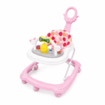 Baby loopstoel met duwstang en speelblad in roze uitvoering op witte achtergrond