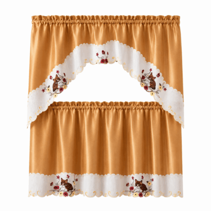 Elegant Home goudkleurig keukengordijn met kattenprint en decoratieve rand