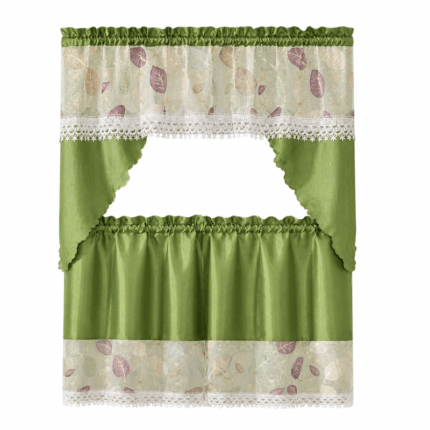 Elegant Home groen keukengordijn met bladerenprint en kanten rand