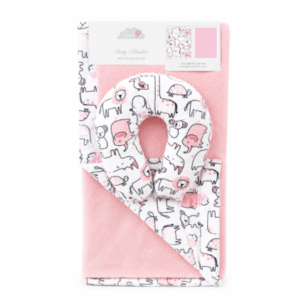 Cloud 9 babydeken set met U-vorm kussen roze 76x101 cm met dierenprint