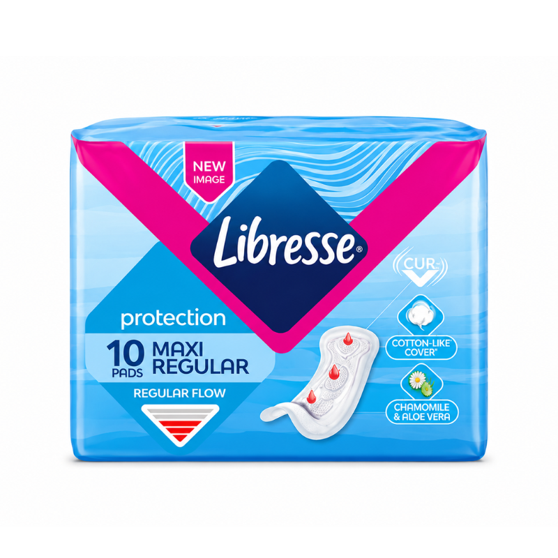 7702027494222 Libresse Maxi Regular Regular Flow maandverband 10 stuks op witte achtergrond