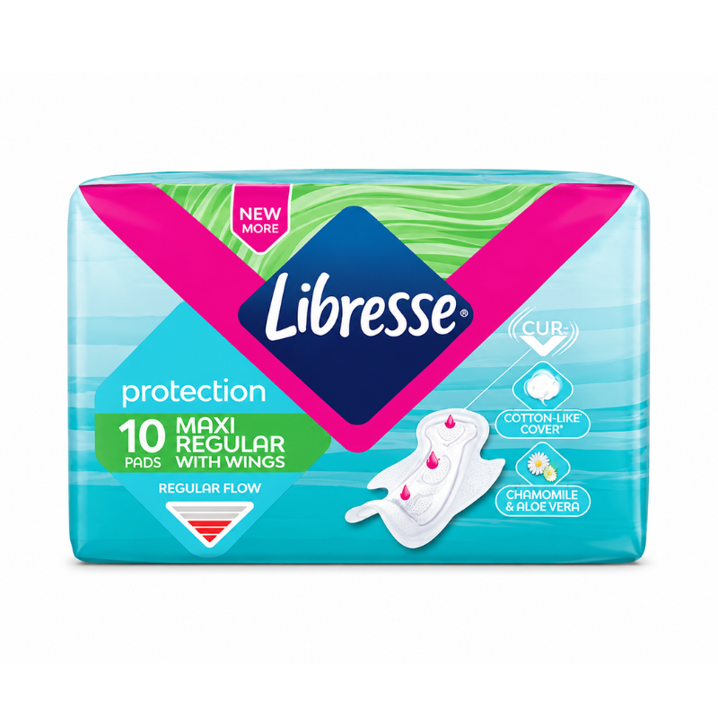 7702027494277 Libresse Maxi Regular With Wings Regular Flow maandverband 10 stuks op witte achtergrond
