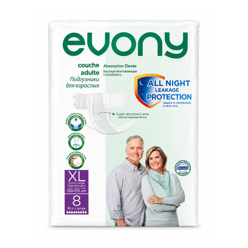 8690536841011 Evony incontinentieluiers extra large 8 stuks verpakking op witte achtergrond