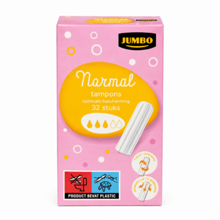Jumbo Normal Tampons verpakking met 32 stuks op een witte achtergrond.
