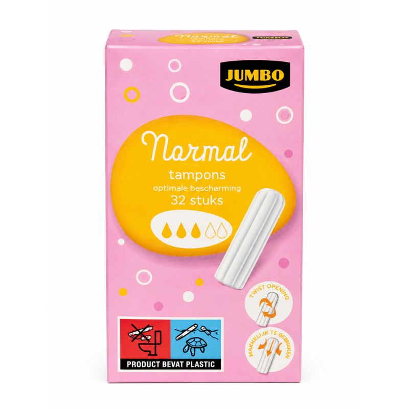 8718452302758 Jumbo Normal Tampons verpakking met 32 stuks op een witte achtergrond.