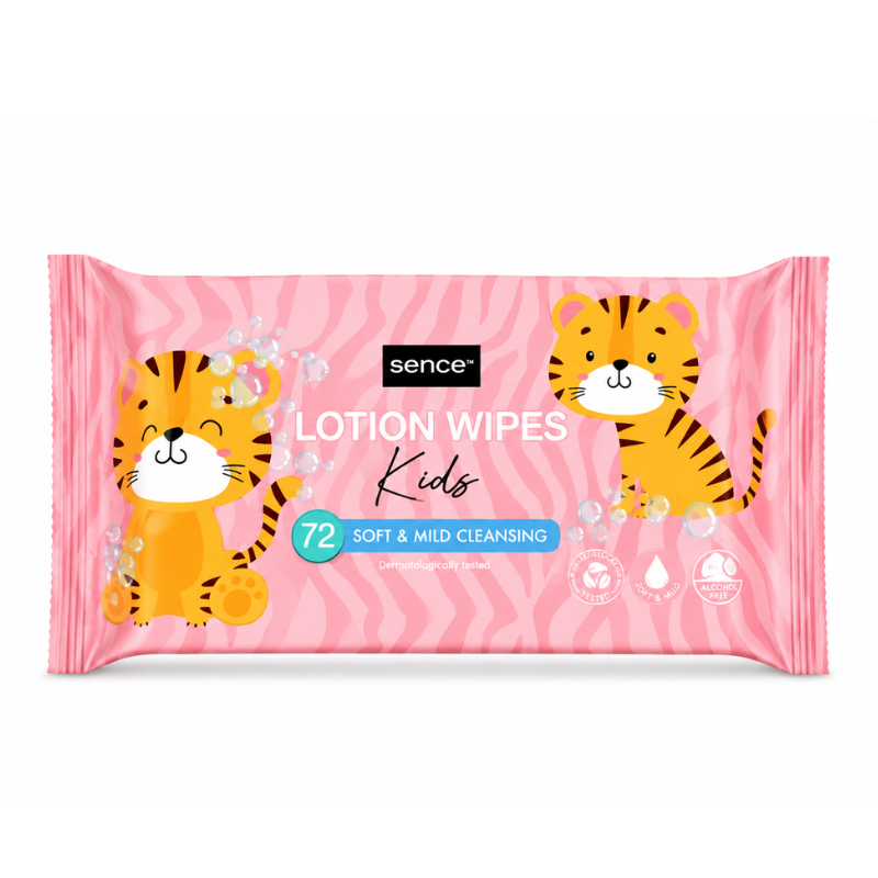 8721073617132 Sence Lotion Wipes Kids 72 stuks verpakking op witte achtergrond