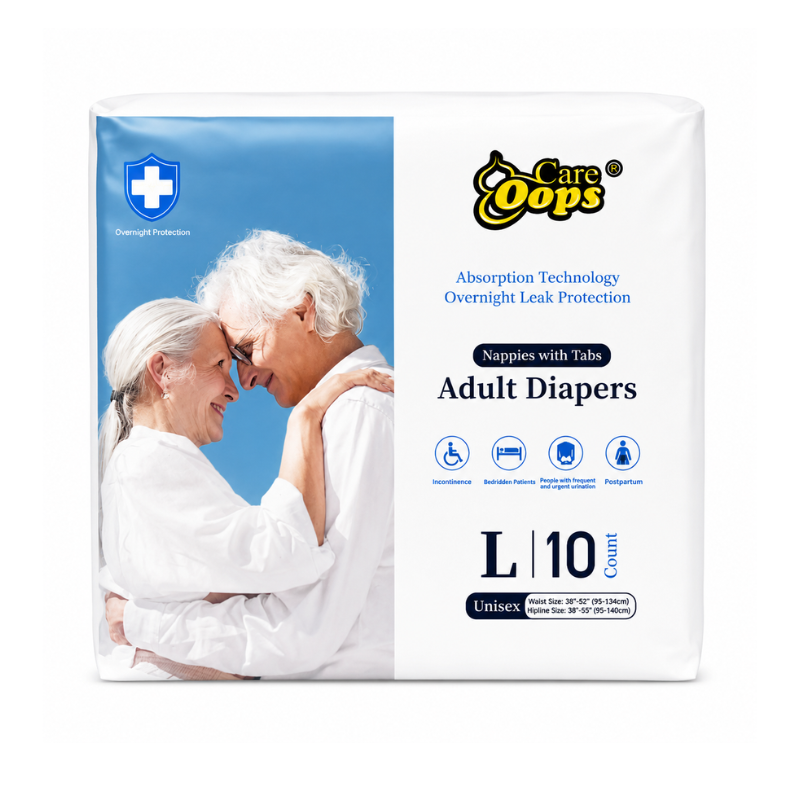 D2 Oops Care Adult Diapers Large 10 stuks verpakking op witte achtergrond