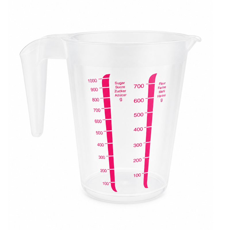 13769963 Plastic maatbeker van 1000 ml met handvat, schenktuit en roze maataanduiding voor suiker en bloem op transparante maatkan